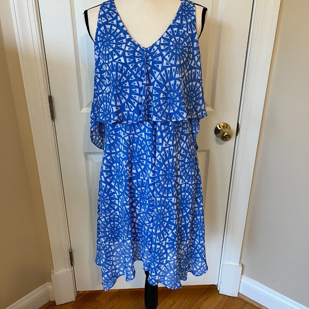London Times Blue and White Sleeveless Midi Dress